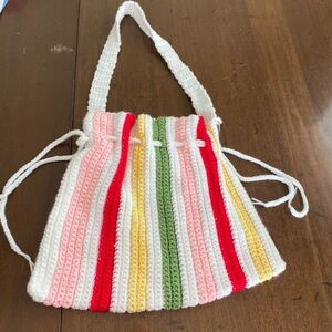 Handmade Crochet Knitted Purse Multicolor Striped Drawstring Women's Fashion